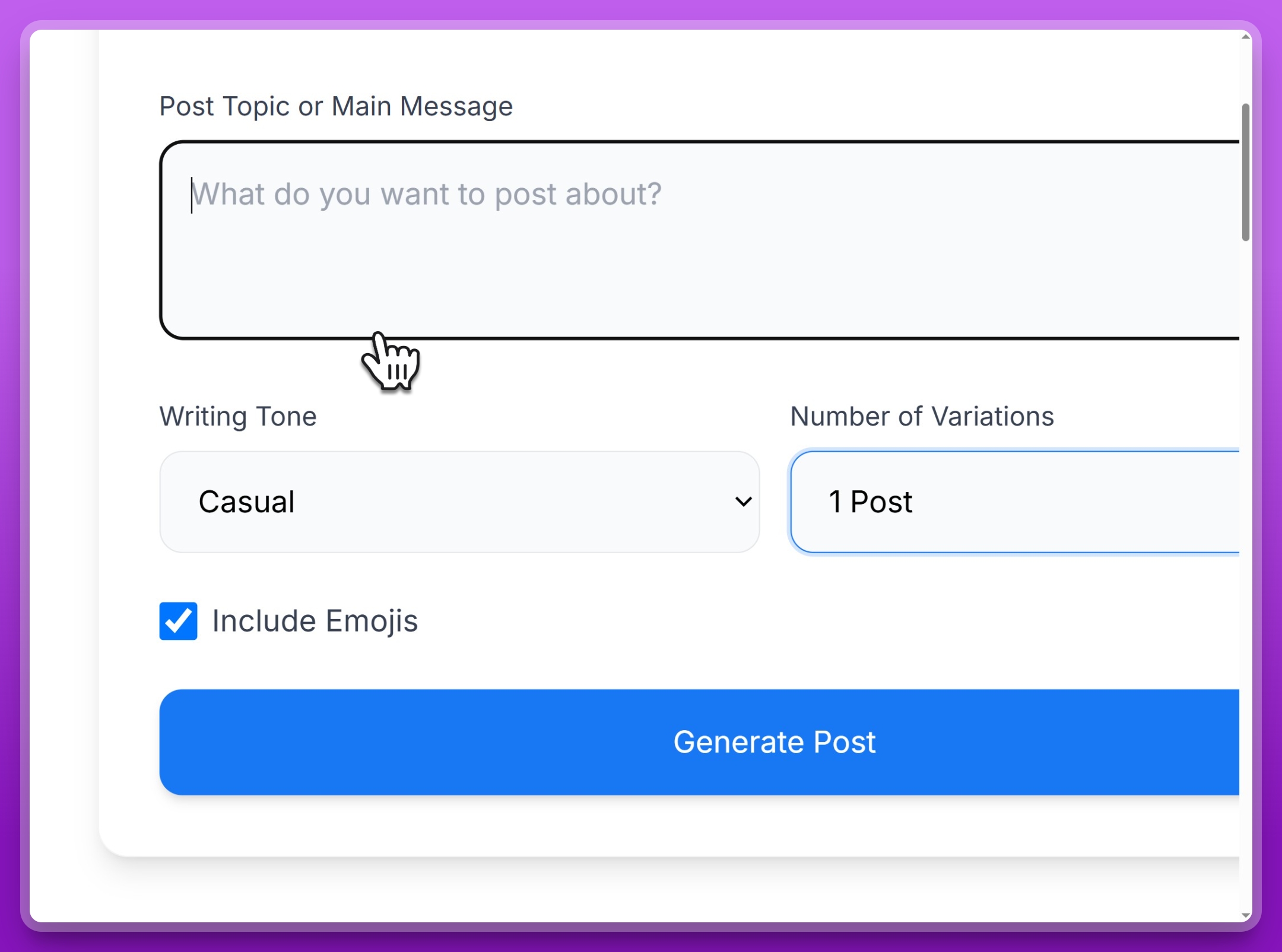 Facebook Post Generator topic input field with example text, showing the text area where users enter their post ideas